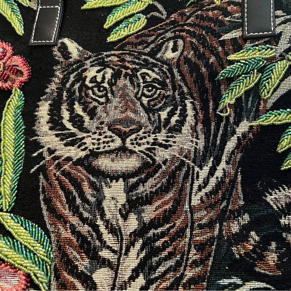 Signature Club A Embroidered Beaded Shoulder Bag Black Crossbody Strap Tiger NWT